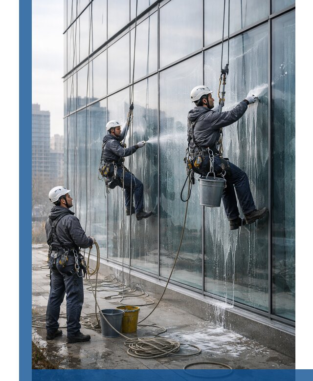 Промышленная мойка панорамных окон на высоте в Майкопе