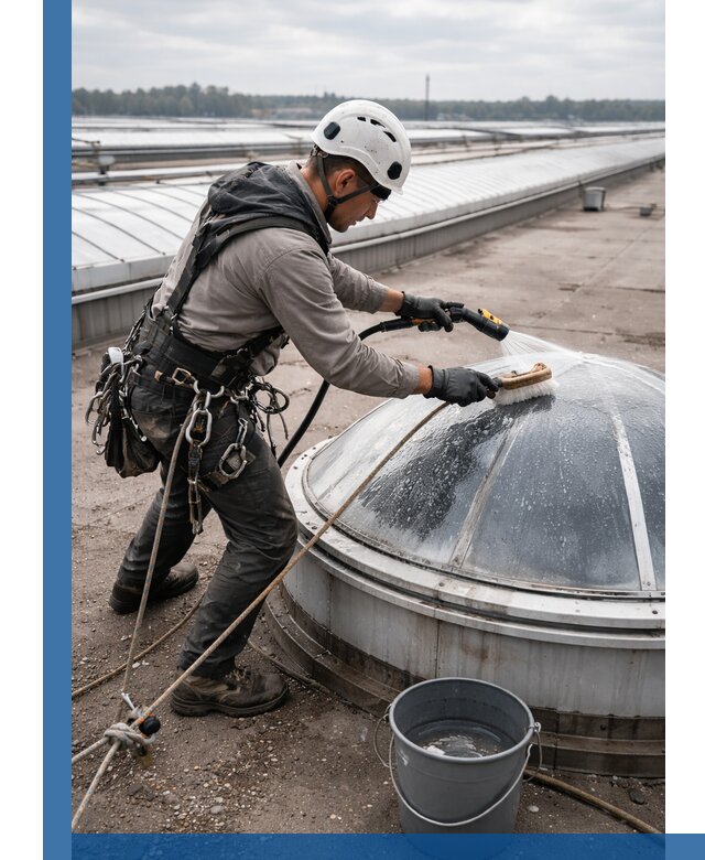 Мойка зенитных фонарей на кровле для промышленных объектов в Майкопе