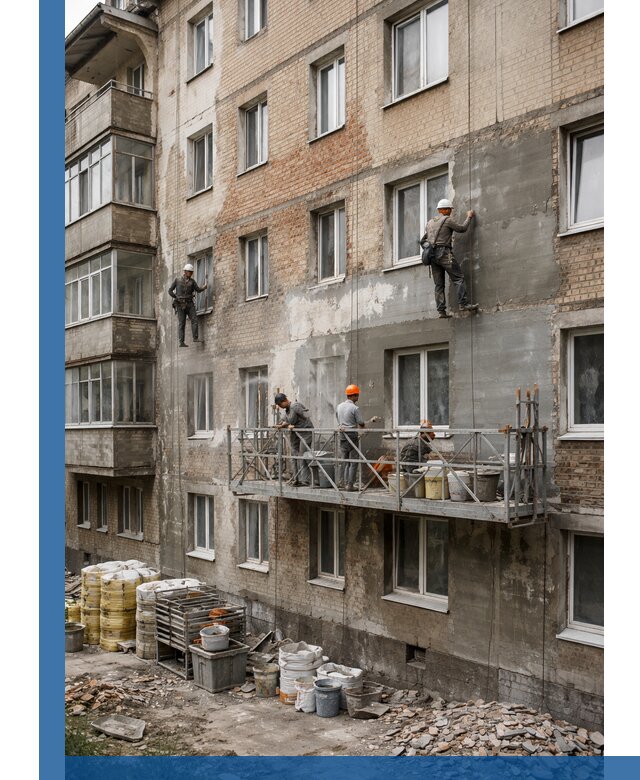 Капитальный ремонт фасада в Майкопе с восстановлением и гидроизоляцией