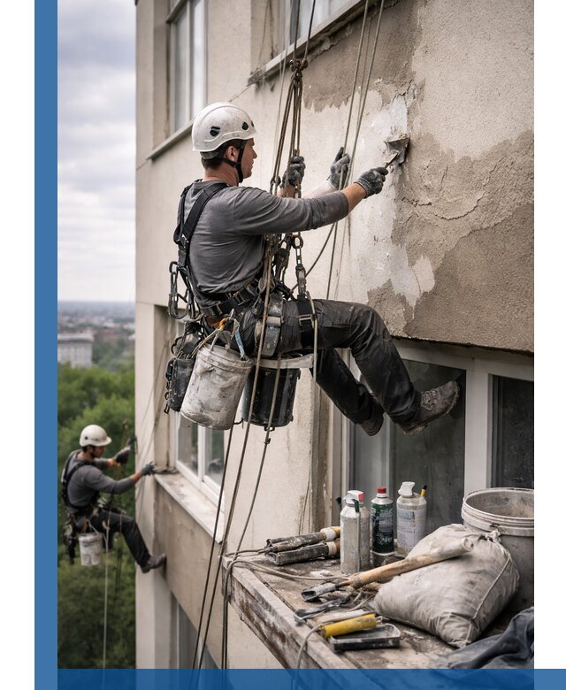 Косметический ремонт фасада зданий в Майкопе промышленными альпинистами
