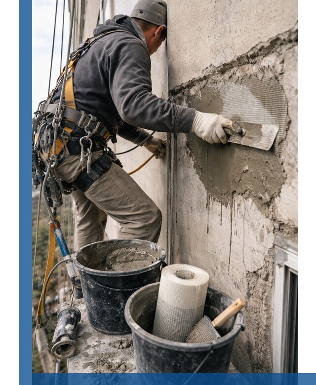 Ремонт бетонных элементов фасада промышленными альпинистами в Майкопе