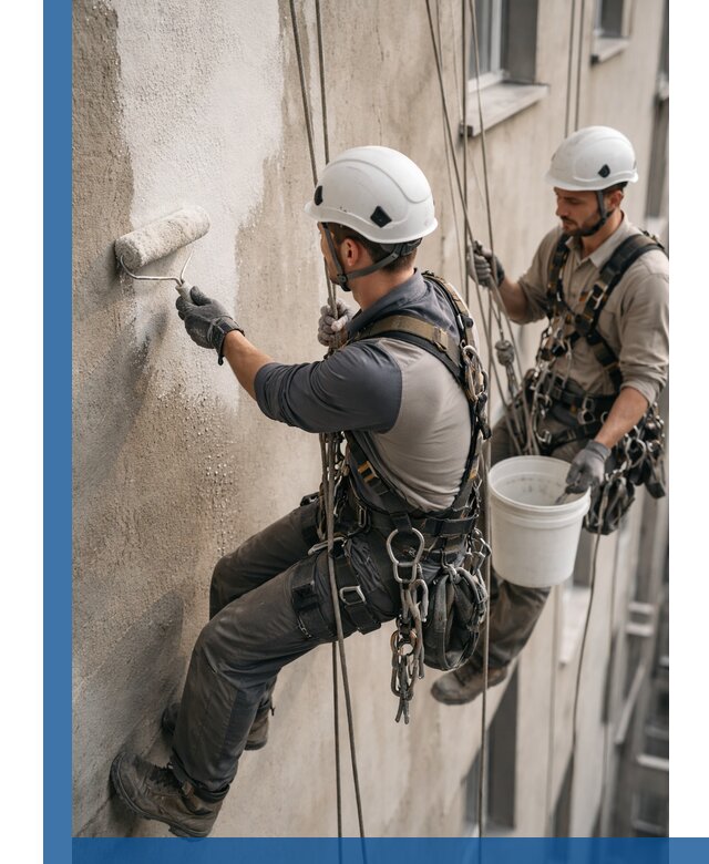 Грунтовка фасада на высоте в Майкопе промышленными альпинистами