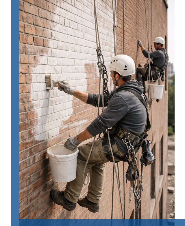 Покраска кирпичного фасада с доступным альпинистским сервисом в Майкопе