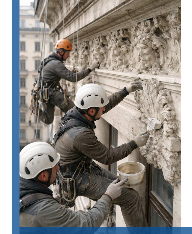 Реставрация фасадной лепнины с высотными работами в Майкопе