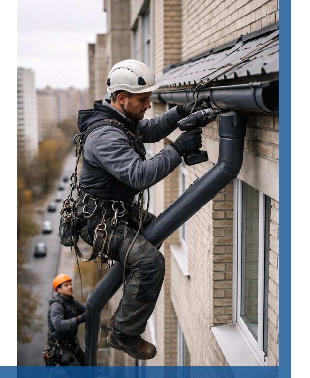 Монтаж водосточной системы на здании в Майкопе от 5055 р. | ВЫСОТНИК-Мкп