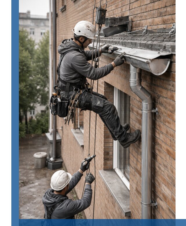 Монтаж водосточной системы на здании в Майкопе под ключ