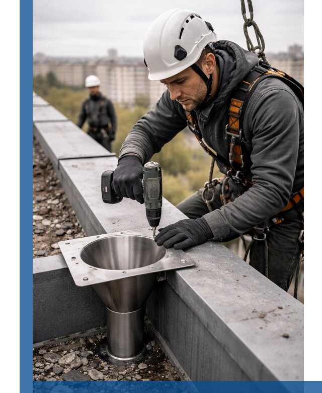 Монтаж водосточных воронок в Майкопе для промышленных зданий