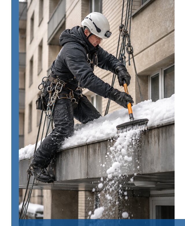 Очистка козырьков от снега в Майкопе круглогодично безопасно