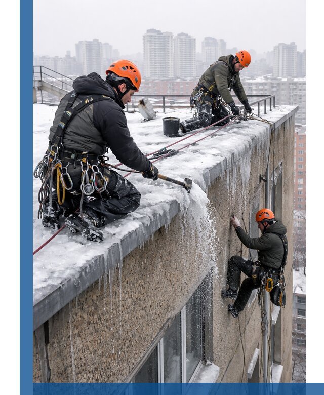 Удаление наледи с кровли в Майкопе промышленными альпинистами