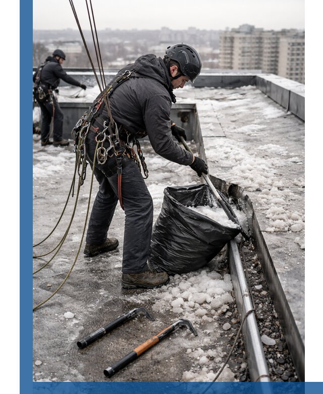 Аварийная очистка кровли в Майкопе от промальпинистов