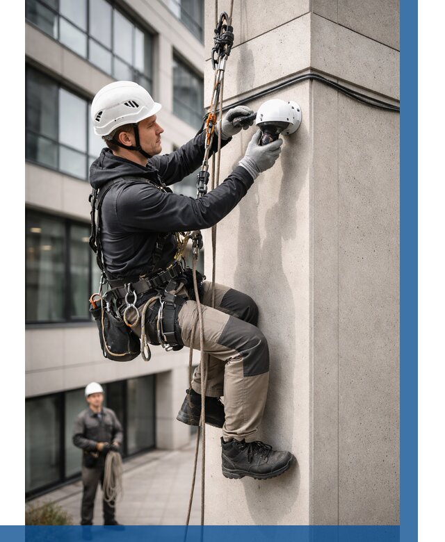 Монтаж камер видеонаблюдения на фасаде в Майкопе от 8593 р.-ВЫСОТНИК-Мкп