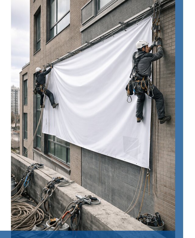 Монтаж баннеров на фасаде в Майкопе от 657 р. заказать ВЫСОТНИК-Мкп