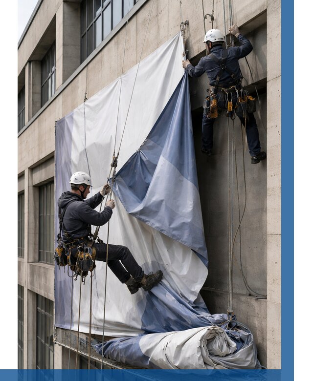 Демонтаж баннеров с фасада в Майкопе от 4549 р. | ВЫСОТНИК-Мкп