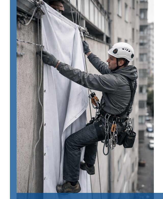 Замена баннерного полотна промышленными альпинистами в Майкопе