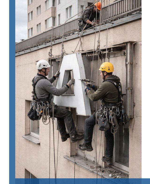 Ремонт и восстановление наружных вывесок на высоте в Майкопе