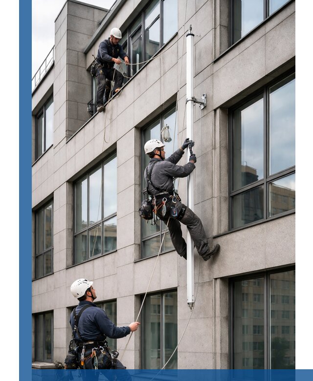 Монтаж флагштока на фасаде здания с креплением и герметикой в Майкопе