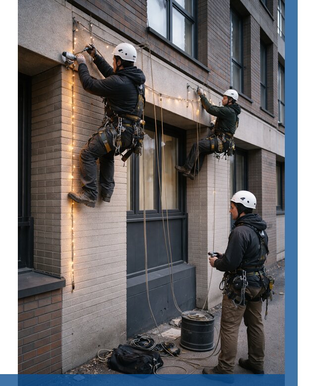 Монтаж гирлянд на фасаде в Майкопе от 3538 р. | ВЫСОТНИК-Мкп