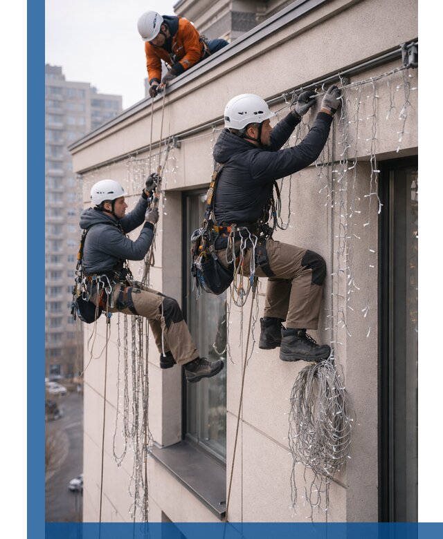 Монтаж праздничных гирлянд на фасаде в Майкопе для зданий