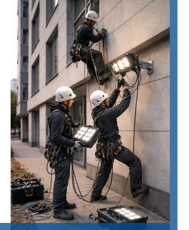 Монтаж прожекторов на фасаде в Майкопе от 7582 р. | ВЫСОТНИК-Мкп