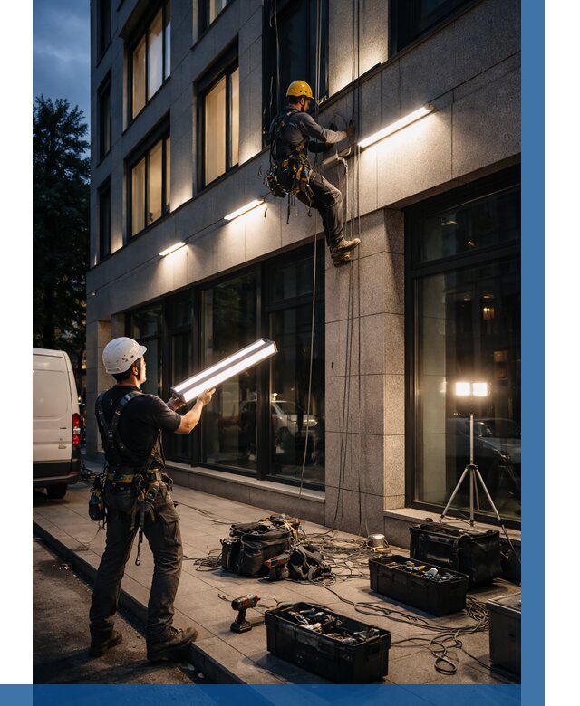 Монтаж архитектурной подсветки здания в Майкопе от 2527 р.|ВЫСОТНИК-Мкп