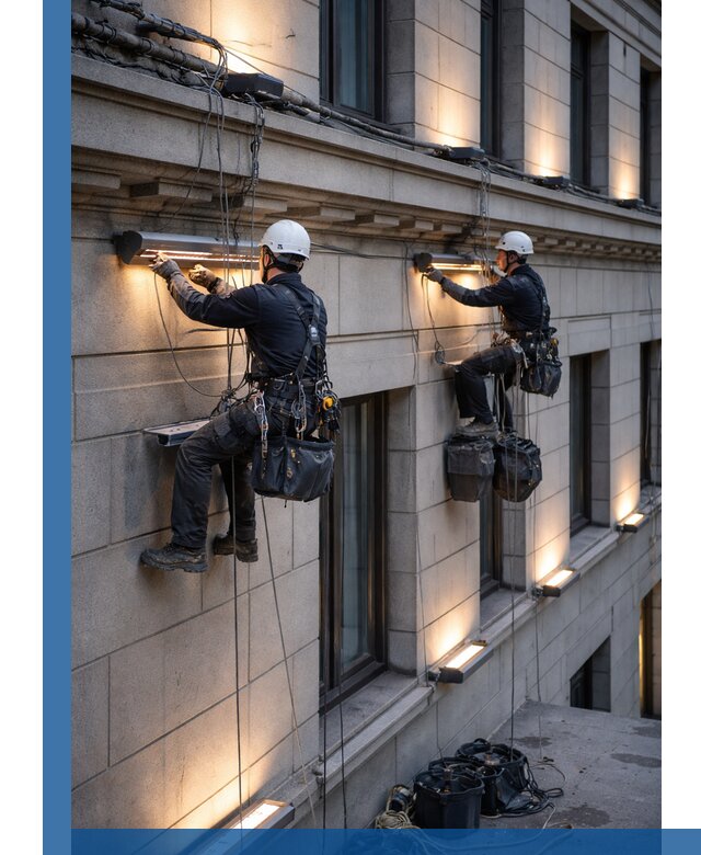 Монтаж архитектурной подсветки фасадов зданий в Майкопе