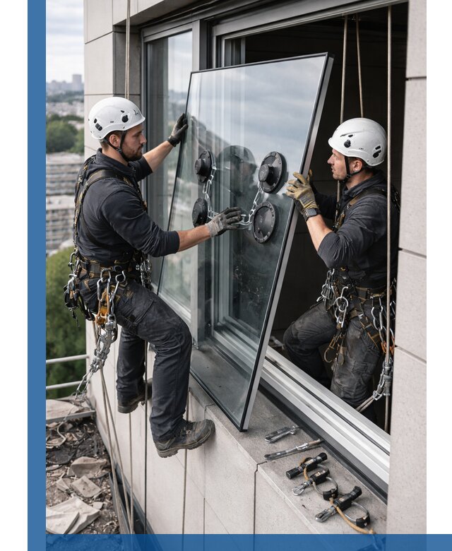Замена стеклопакетов на высоте с промышленными альпинистами в Майкопе