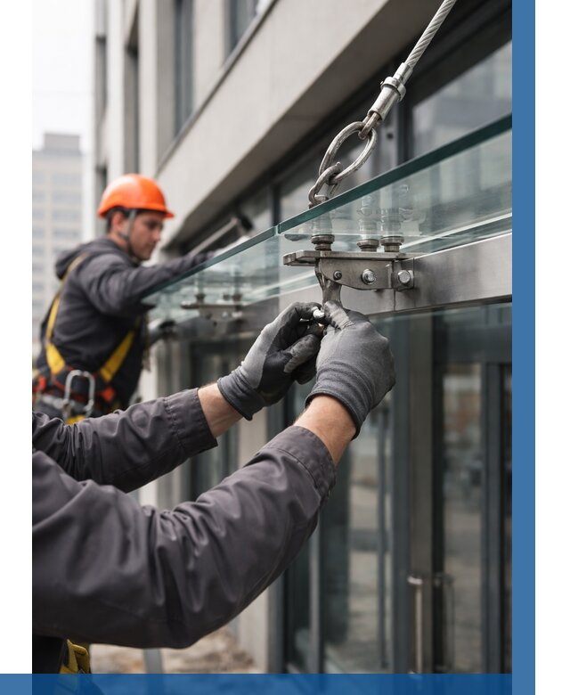 Монтаж стеклянных козырьков в Майкопе от 8593 р. | ВЫСОТНИК-Мкп