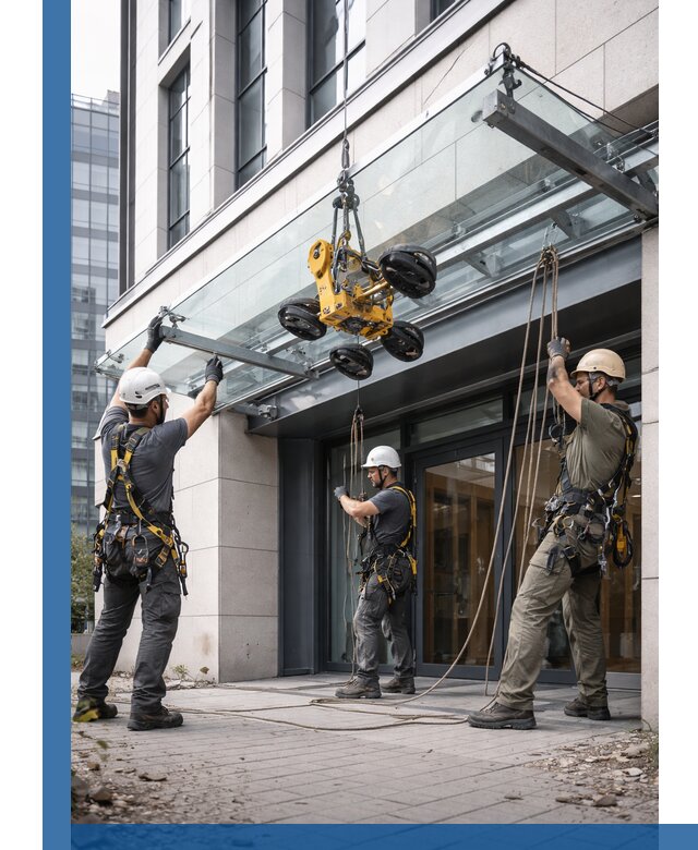 Монтаж стеклянных козырьков под ключ в Майкопе для зданий