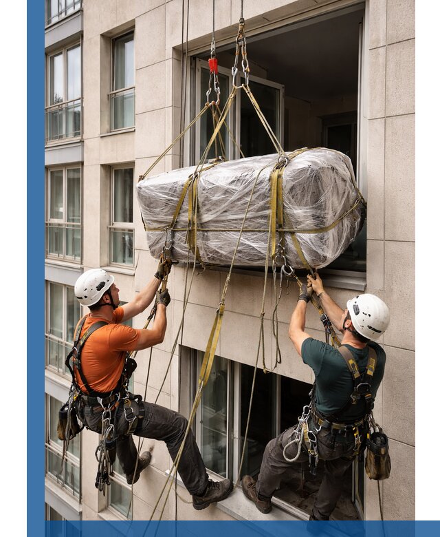 Подъем грузов через окно в Майкопе промышленными альпинистами