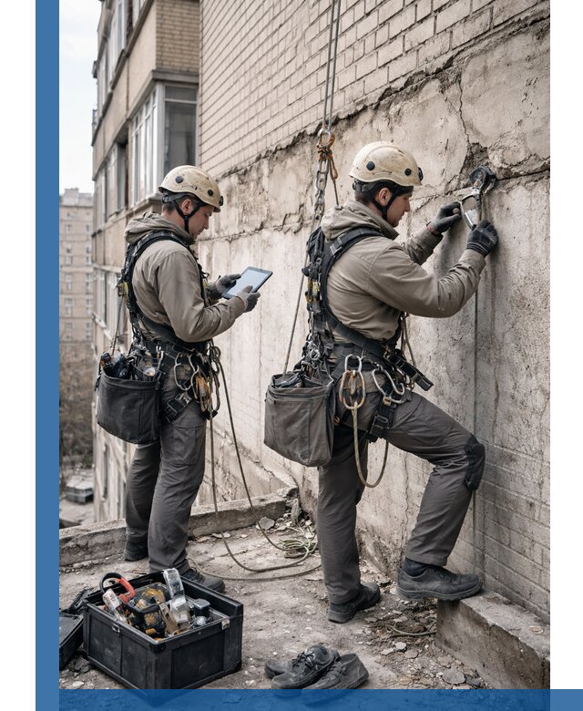 Обследование фасада промышленными альпинистами в Майкопе